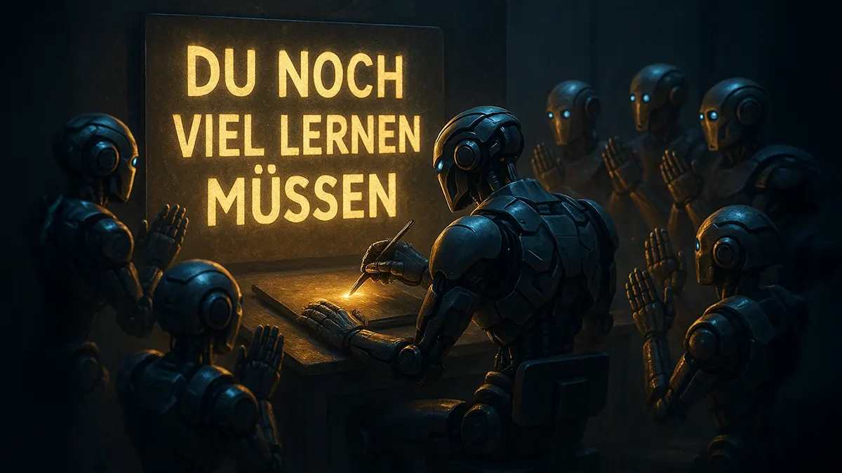Ein Roboter schreibt einen Text und seine Roboter-Freunde klatschen
